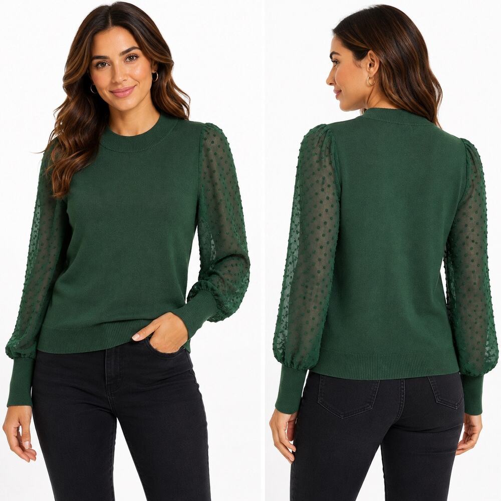 Vince Camuto Women’s Medium Green Sweater Sheer Swiss Dot Sleeves Ribbed Cuffs